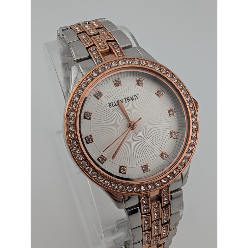 Ellen Tracy Watch Women‎ 34mm Case Rose Gold & Silver 7.5" Band- New Battery
